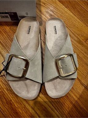 Kohl's SONOMA Suede Slide Sandals in Taupe with Gold Buckle